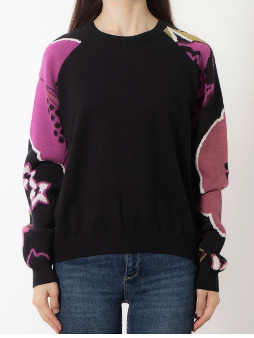 Desigual Barrie sweater in black featuring vibrant floral patterns on sleeves XL